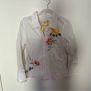 Johnny Was White Floral Button Down with Embroidery Size Small